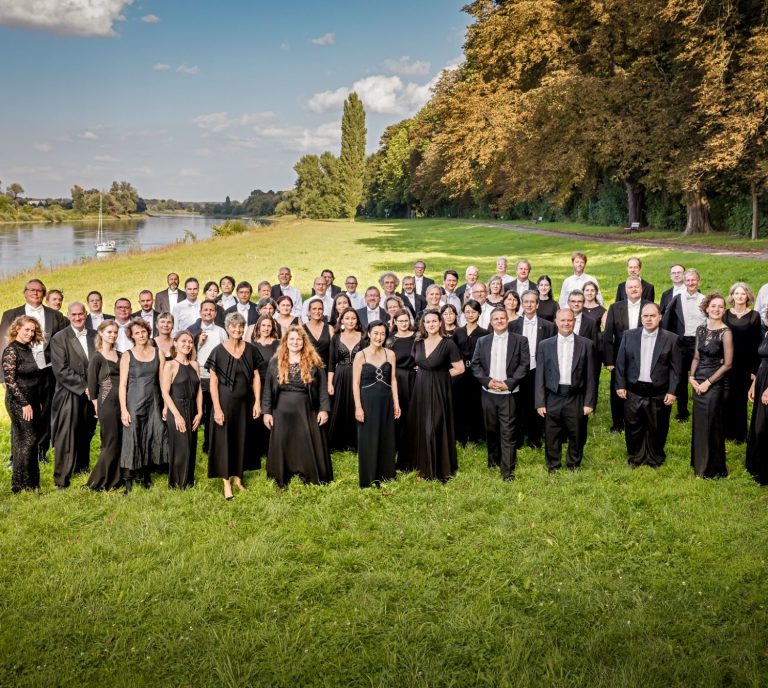 Ein großes Erwachsenenorchester in eleganter Kleidung steht im Freien vor einer malerischen Landschaft.