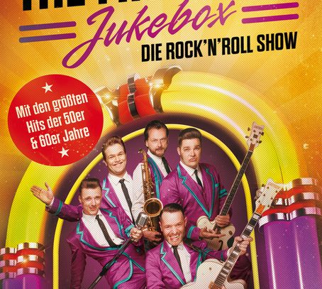Farbenfrohes Plakat für eine Rock'n'Roll-Show mit Musikern in Anzügen und einem Jukebox-Hintergrund.