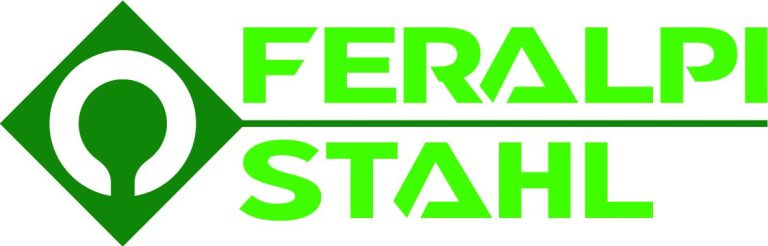 Logo von Feralpi Stahl, grüne Schrift auf weißem Hintergrund mit einem Diamantsymbol.